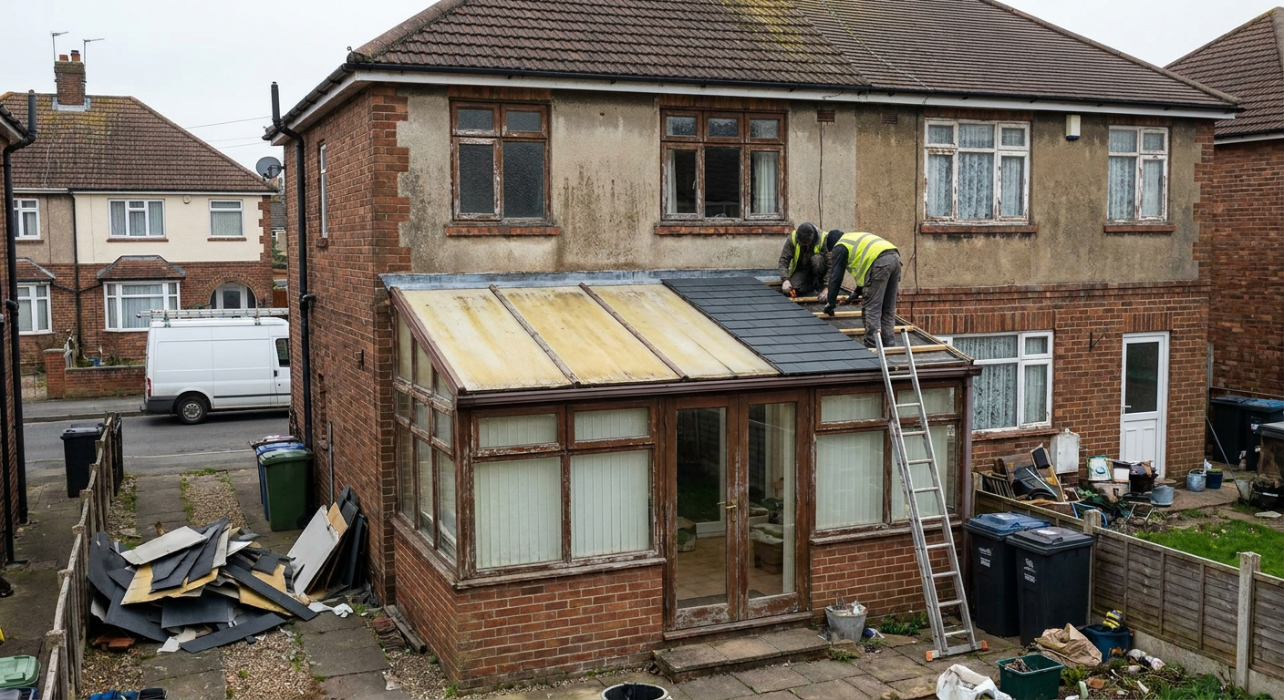 Workers replacing a conservatory roof on a brick semi-detached house.